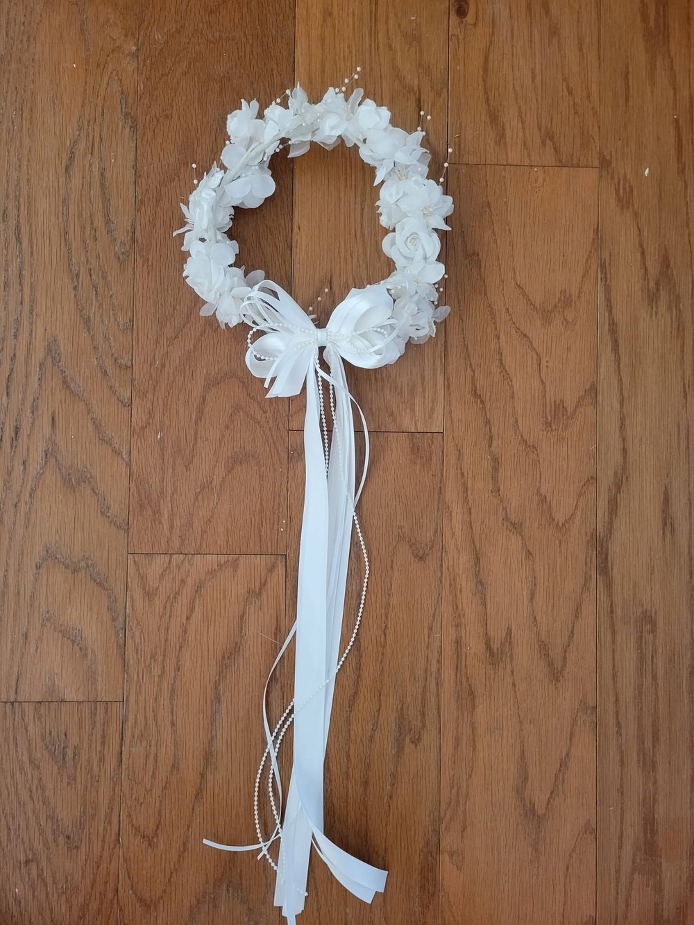Pearl Flower White Ribbon Halo Headpiece